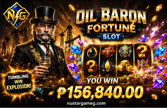 NUSTARGAME slot screen with reels, wager display, spin control, balance, and game information